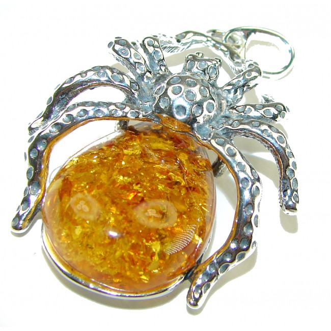 Masterpiece Golden Spider 24.2 grams Natural Baltic Amber .925 Sterling Silver handmade Pendant