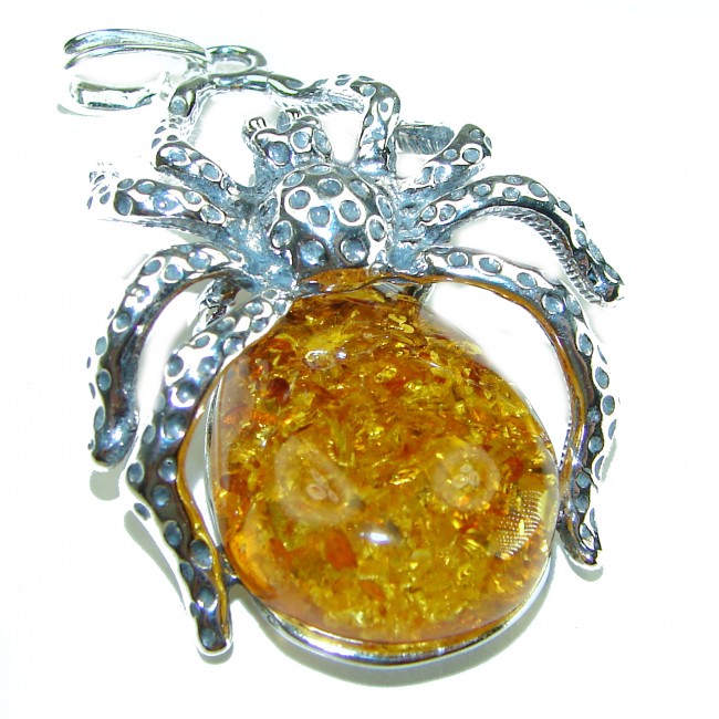 Masterpiece Golden Spider 24.2 grams Natural Baltic Amber .925 Sterling Silver handmade Pendant