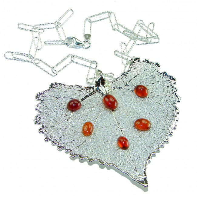 Beautiful Nature 5.2 carat Garnet Real Leaf dipped in Real .925 Sterling silver handcrafted necklace