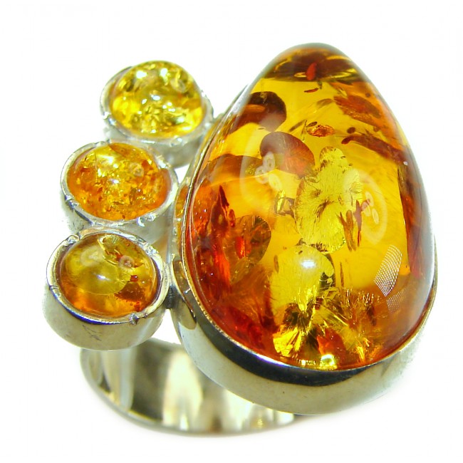 Golden Authentic Baltic Amber .925 Sterling Silver handcrafted ring; s. 7 adjustable