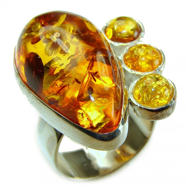 Golden Authentic Baltic Amber .925 Sterling Silver handcrafted ring; s. 7 adjustable