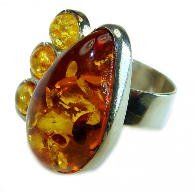 Golden Authentic Baltic Amber .925 Sterling Silver handcrafted ring; s. 7 adjustable