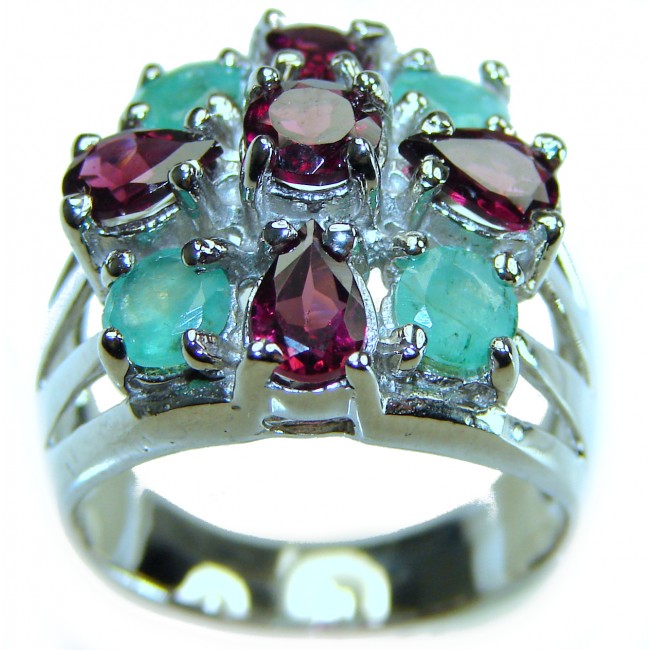 Authentic 11.5 carat Ruby Emerald .925 Sterling Silver handcrafted ring size 8