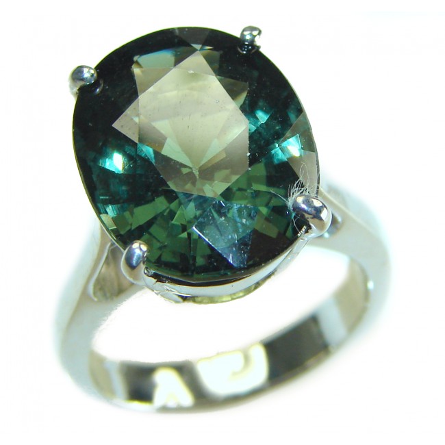 Rare 14.8 carat oval shape GREEN GRANDIDIERITE .925 Sterling Silver ring; s. 8