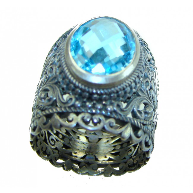 Vintage Style Blue Beauty 11.5 carat Blue Swiss Topaz .925 Sterling Silver handcrafted Ring size 7 3/4