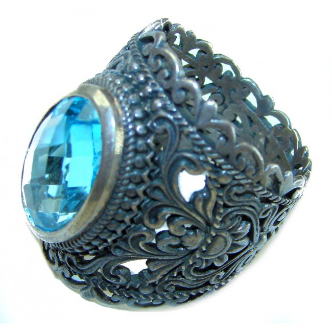 Vintage Style Blue Beauty 11.5 carat Blue Swiss Topaz .925 Sterling Silver handcrafted Ring size 7 3/4