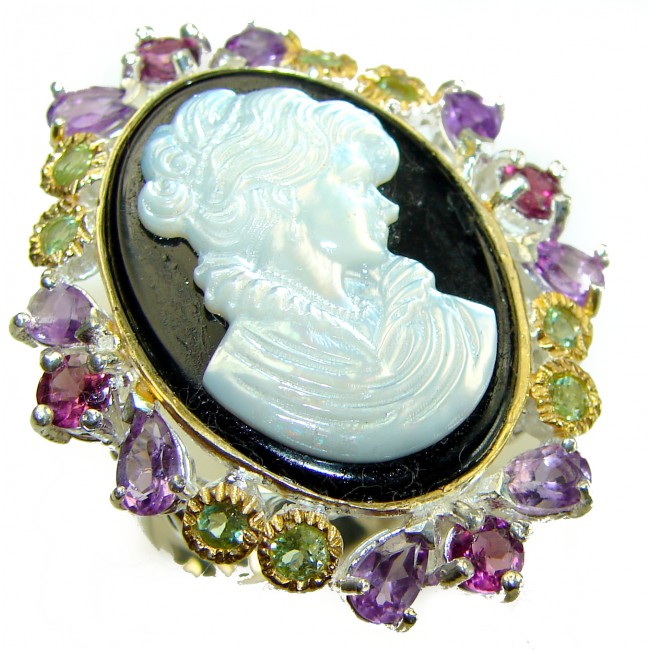 Vintage design Genuine Cameo Blister pearl .925 Sterling Silver handcrafted Large ring; s. 9