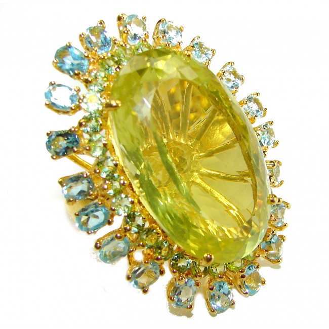 31.8 carat Genuine Lemon Quartz 14K Gold over .925 Sterling Silver handcrafted ring size 5 3/4