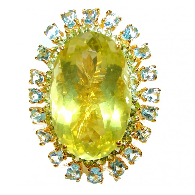 31.8 carat Genuine Lemon Quartz 14K Gold over .925 Sterling Silver handcrafted ring size 5 3/4