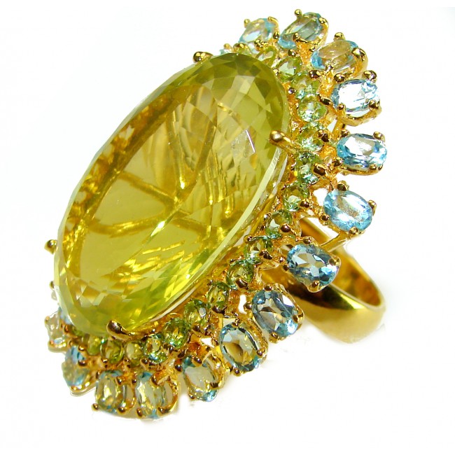 31.8 carat Genuine Lemon Quartz 14K Gold over .925 Sterling Silver handcrafted ring size 5 3/4