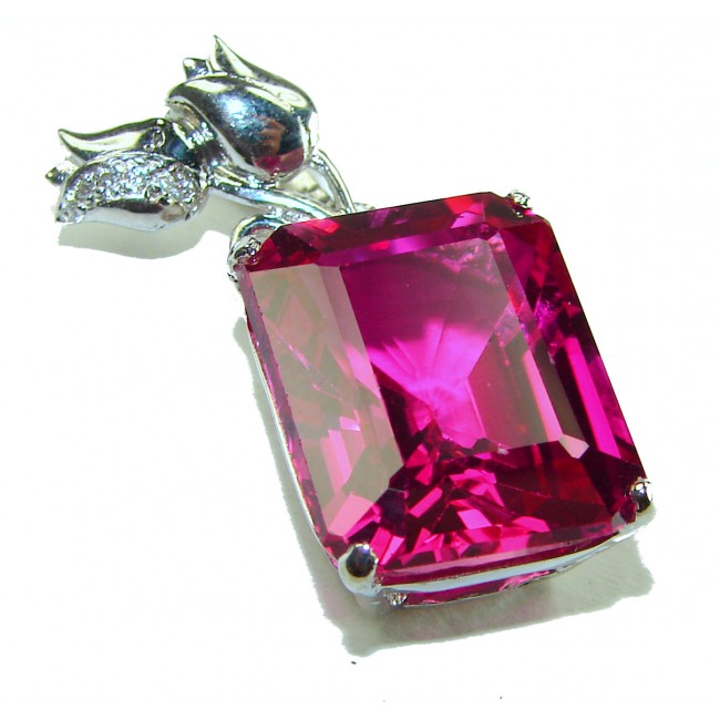 Two Roses princess cut 29.4 carat Pink Sapphire .925 Sterling Silver handcrafted pendant