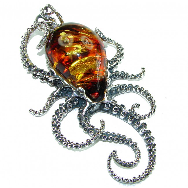 HUGE Golden Octopus 40.2 grams Natural Baltic Amber .925 Sterling Silver handmade Pendant