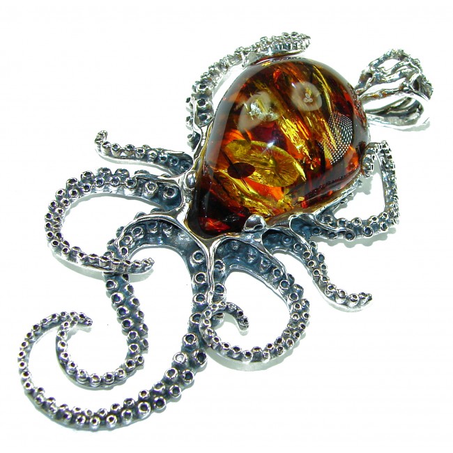 HUGE Golden Octopus 40.2 grams Natural Baltic Amber .925 Sterling Silver handmade Pendant