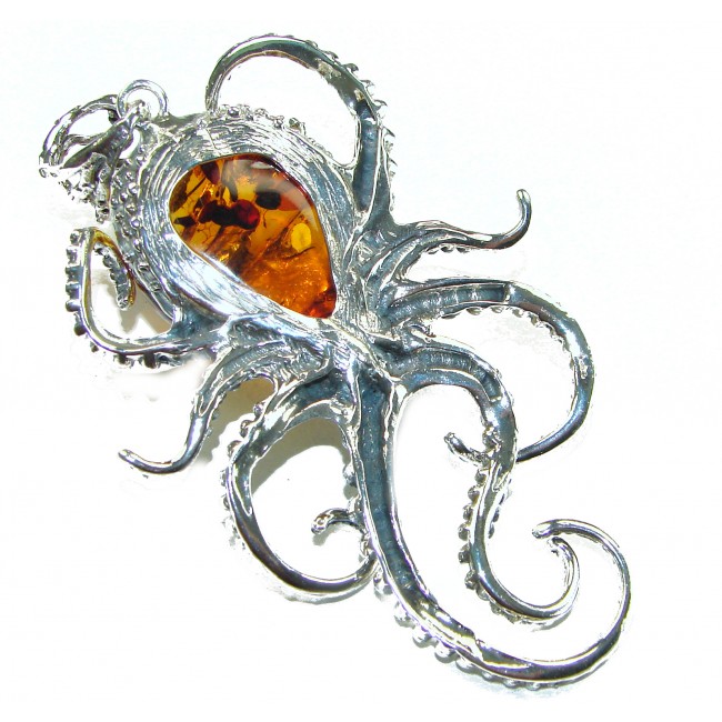 HUGE Golden Octopus 40.2 grams Natural Baltic Amber .925 Sterling Silver handmade Pendant