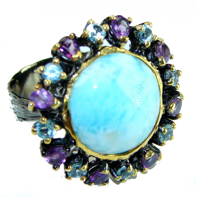 Precious authentic 10.5 carat Blue Larimar black rhodium over .925 Sterling Silver handmade ring size 8 1/2