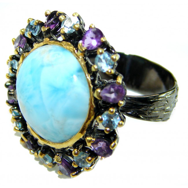 Precious authentic 10.5 carat Blue Larimar black rhodium over .925 Sterling Silver handmade ring size 8 1/2