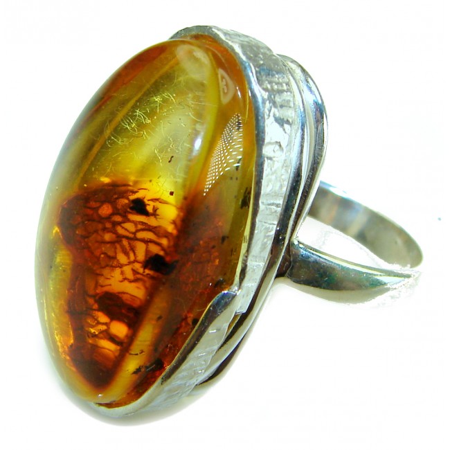 Beauty of the Sea Giant natural Baltic Amber .925 Sterling Silver handcrafted ring; s. 9