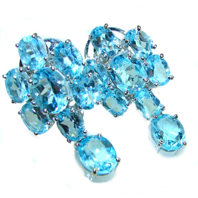 A Wild Ocean genuine 39.4 carat Swiss Blue Topaz .925 Sterling Silver handmade Statement earrings