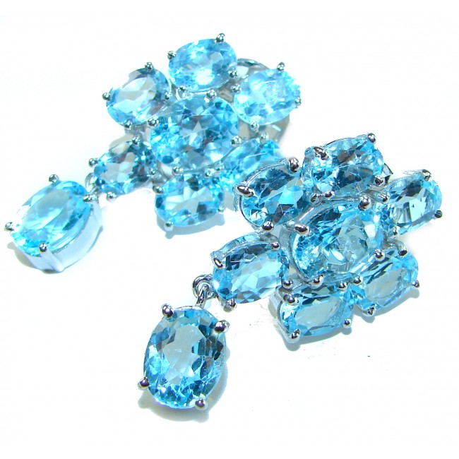 A Wild Ocean genuine 39.4 carat Swiss Blue Topaz .925 Sterling Silver handmade Statement earrings