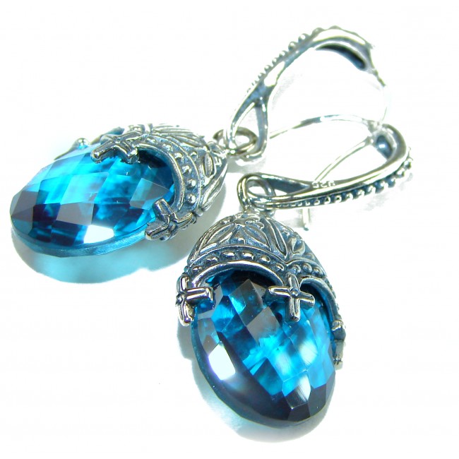 Deep Ocean 12.5 carat London Blue Topaz .925 Sterling Silver handmade Statement earrings