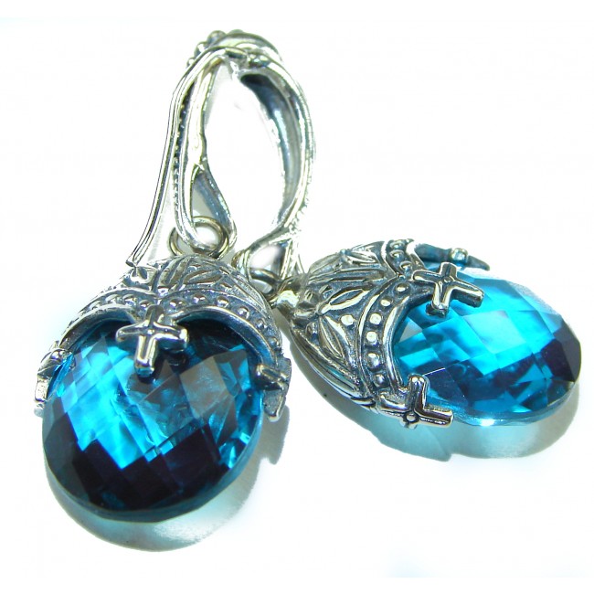 Deep Ocean 12.5 carat London Blue Topaz .925 Sterling Silver handmade Statement earrings