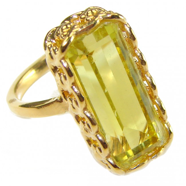 11.8 carat Genuine Lemon Quartz 14K Gold over .925 Sterling Silver handcrafted ring size 7 1/2