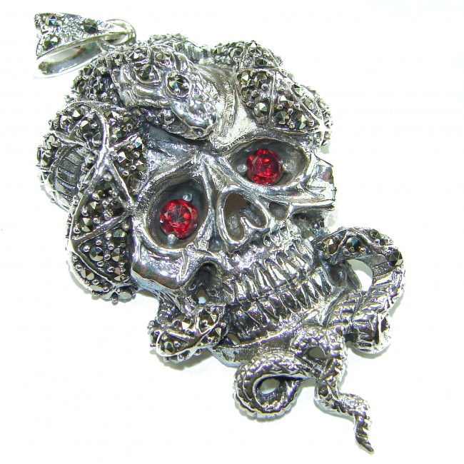 Huge Ghost Rider Ruby Authentic 5.8 carat Ruby Marcasite .925 Sterling Silver handcrafted Pendant