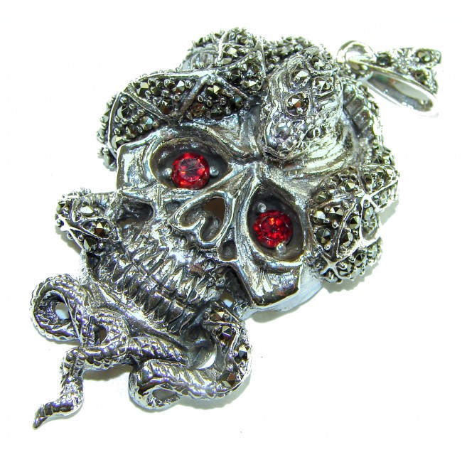 Huge Ghost Rider Ruby Authentic 5.8 carat Ruby Marcasite .925 Sterling Silver handcrafted Pendant