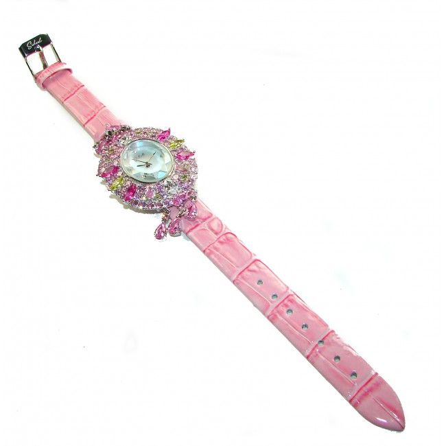 Precious 18.5 carat Authentic Pink Sapphire Genuine Leather strap .925 Sterling Silver handmade Watch