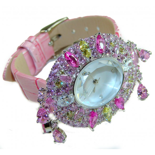 Precious 18.5 carat Authentic Pink Sapphire Genuine Leather strap .925 Sterling Silver handmade Watch