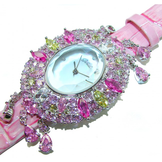 Precious 18.5 carat Authentic Pink Sapphire Genuine Leather strap .925 Sterling Silver handmade Watch