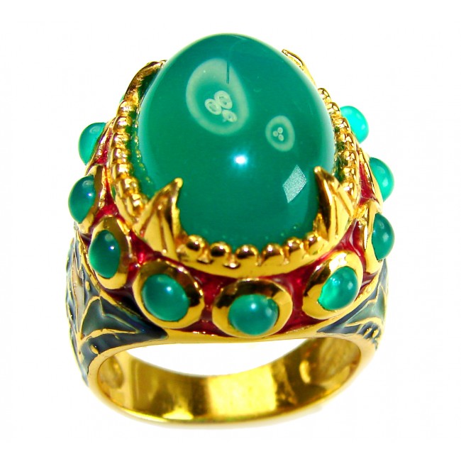 Luxurious 18.5 carat Jade black Enamel 18K Gold over .925 Sterling Silver Huge handcrafted Ring s. 7 3/4