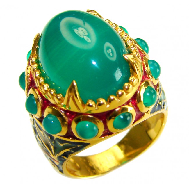 Luxurious 18.5 carat Jade black Enamel 18K Gold over .925 Sterling Silver Huge handcrafted Ring s. 7 3/4