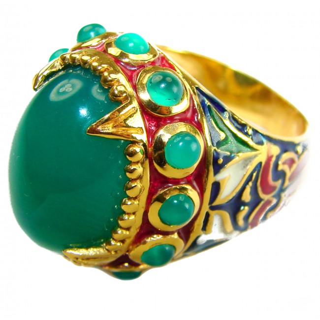 Luxurious 18.5 carat Jade black Enamel 18K Gold over .925 Sterling Silver Huge handcrafted Ring s. 7 3/4