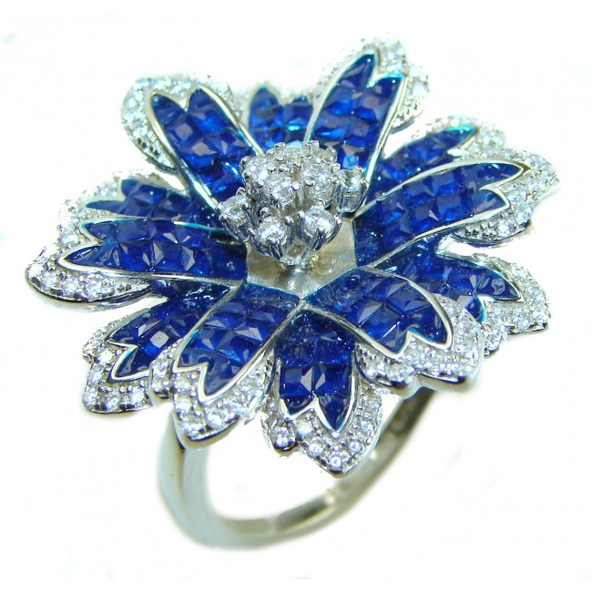 Luxurious Blue Flower 9.1 carat Sapphire .925 Sterling Silver handcrafted Ring size 6