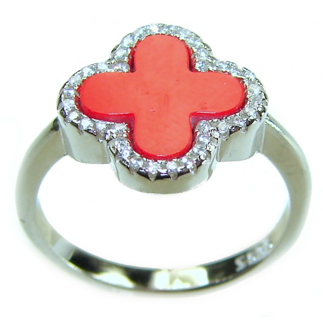 A four-leaf clover Coral .925 Sterling Silver handcrafted ring s. 8