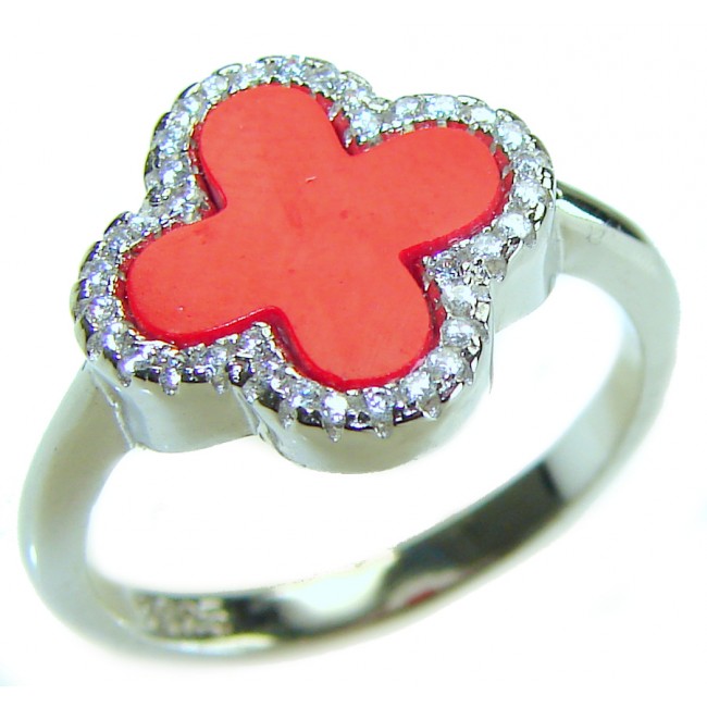 A four-leaf clover Coral .925 Sterling Silver handcrafted ring s. 8