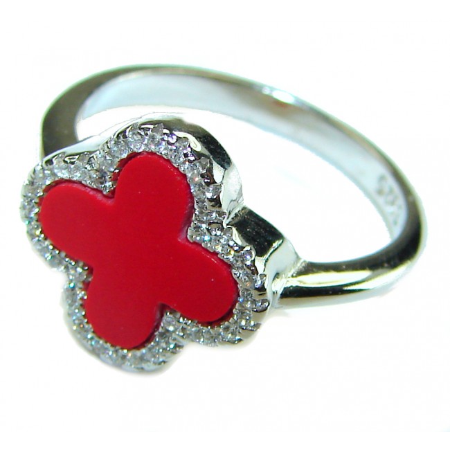 A four-leaf clover Coral .925 Sterling Silver handcrafted ring s. 8