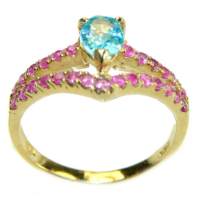 Ocean Drop 0.8 carat Swiss Blue Topaz Ruby 14K Gold over .925 Sterling Silver handmade Ring size 8