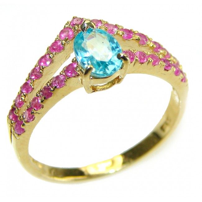 Ocean Drop 0.8 carat Swiss Blue Topaz Ruby 14K Gold over .925 Sterling Silver handmade Ring size 8