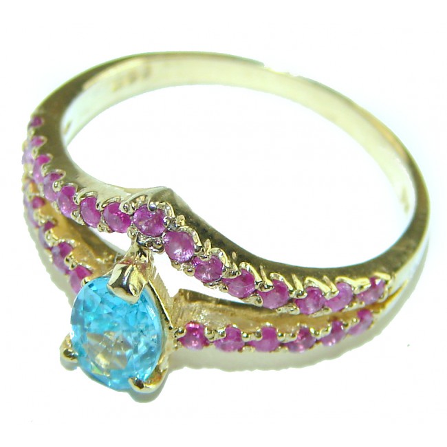 Ocean Drop 0.8 carat Swiss Blue Topaz Ruby 14K Gold over .925 Sterling Silver handmade Ring size 8