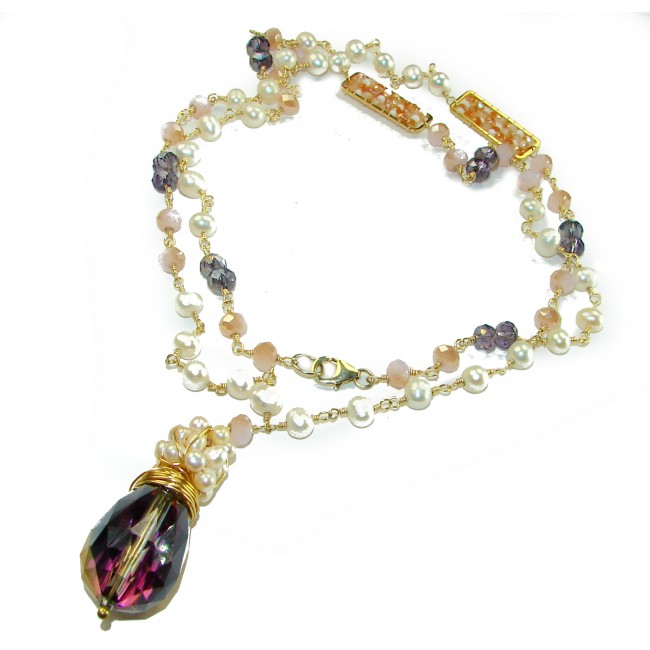 32 inches Magnificent Pink Moonlight Crystal 14K Gold over .925 Sterling Silver handmade Necklace