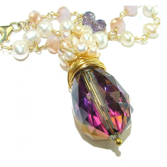 32 inches Magnificent Pink Moonlight Crystal 14K Gold over .925 Sterling Silver handmade Necklace