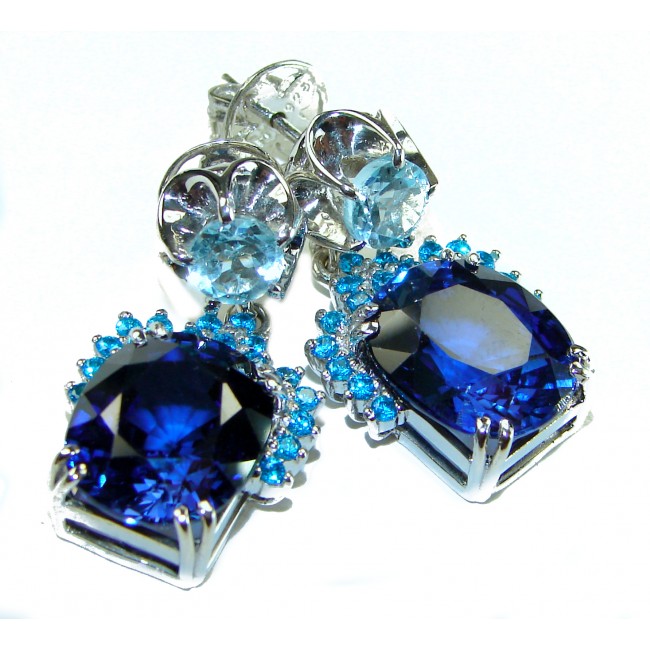 Deep Ocean 25.5 carat London Blue Topaz .925 Sterling Silver handmade Statement earrings