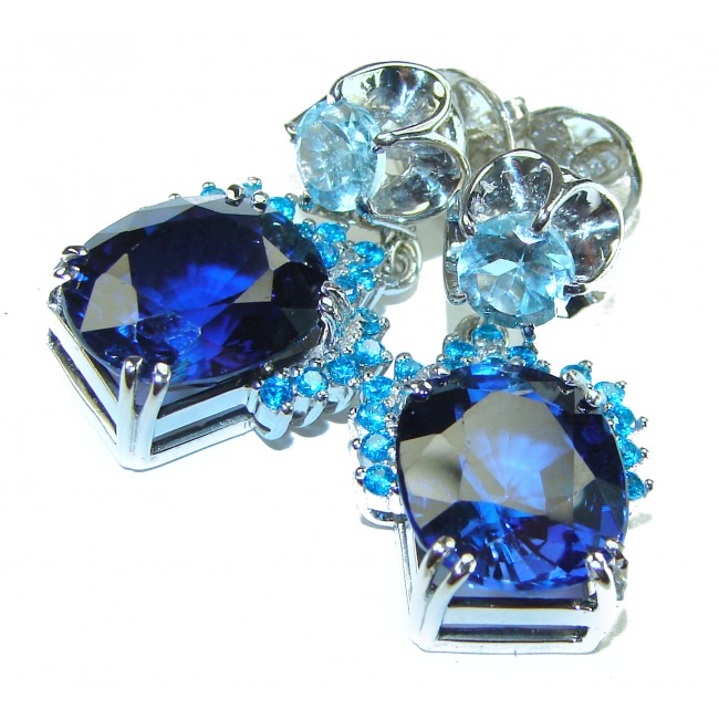 Deep Ocean 25.5 carat London Blue Topaz .925 Sterling Silver handmade Statement earrings