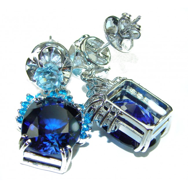 Deep Ocean 25.5 carat London Blue Topaz .925 Sterling Silver handmade Statement earrings