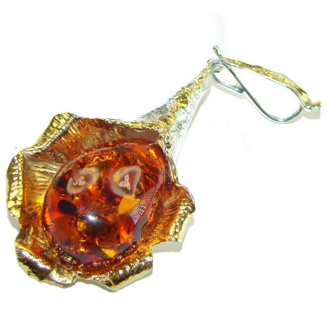 Masterpiece Golden Natural Baltic Amber 14K Gold over .925 Sterling Silver handmade Pendant