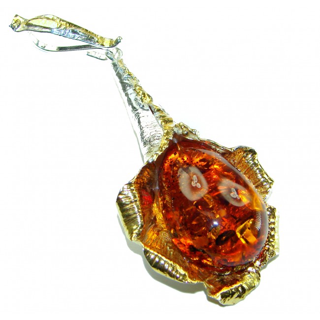 Masterpiece Golden Natural Baltic Amber 14K Gold over .925 Sterling Silver handmade Pendant