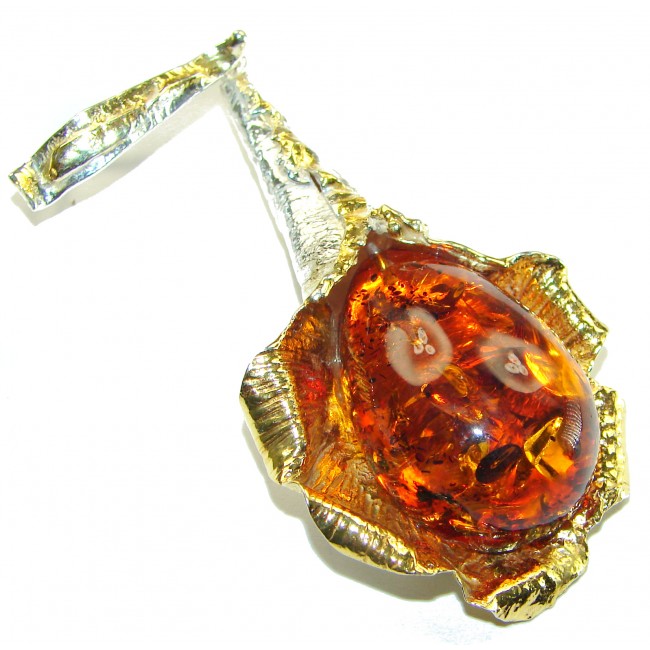 Masterpiece Golden Natural Baltic Amber 14K Gold over .925 Sterling Silver handmade Pendant