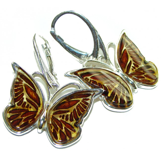 Butterflies carved Baltic Polish Amber .925 Sterling Silver earrings